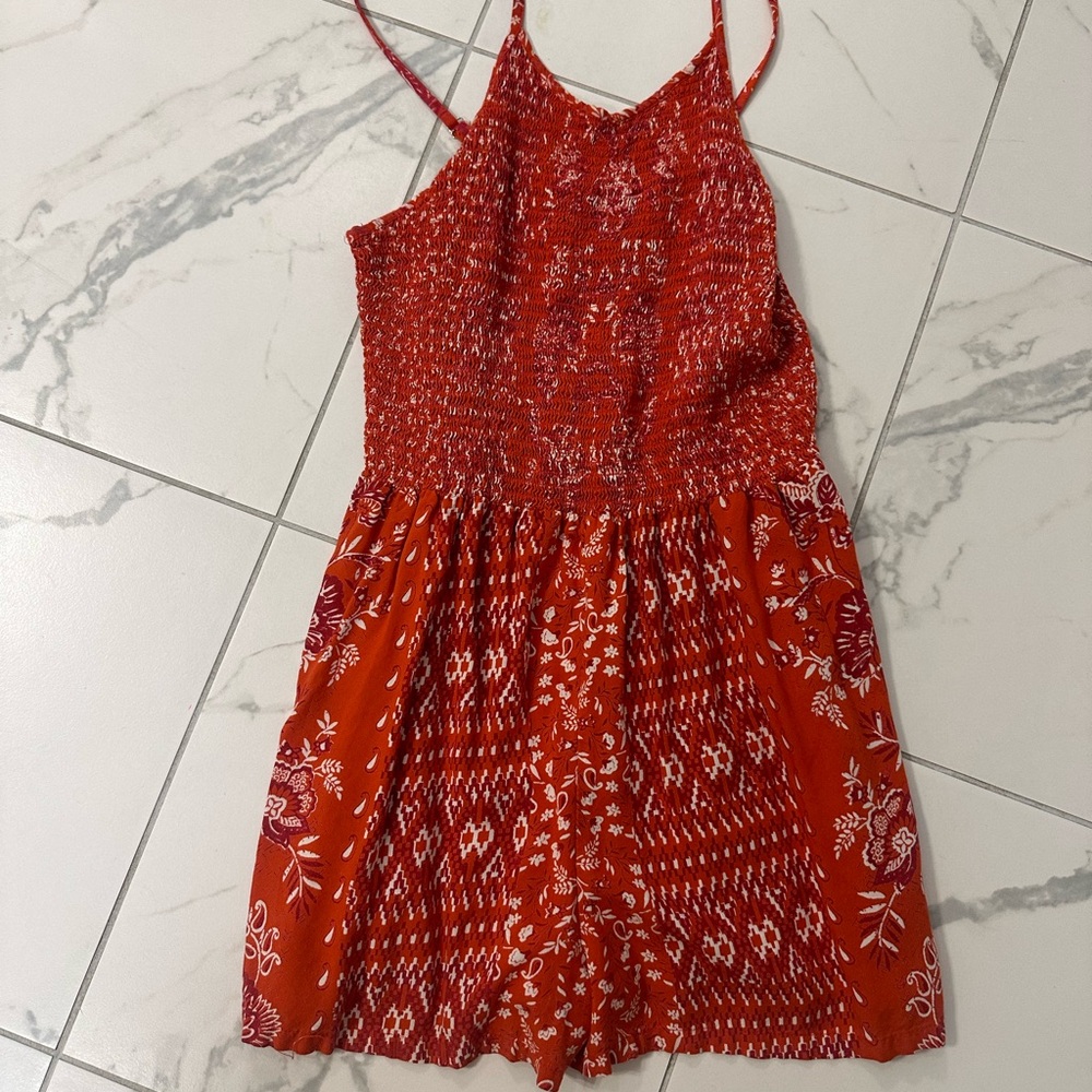 Angie Red Patterned Smocked Romper